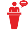 A red silhouette standing over a speaking pedestal.