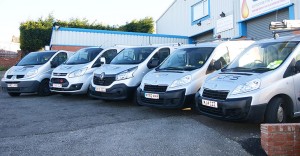 A panoramic view of Complete Fire solutions van fleet.